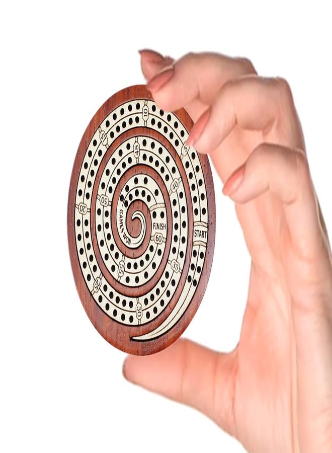 House of Cribbage - 2 Track 60 Points - Spiral Shape Pocket Size Wooden Travel Cribbage Board - Size 4 Inch (Bloodwood/Maple Wood) - Image 1